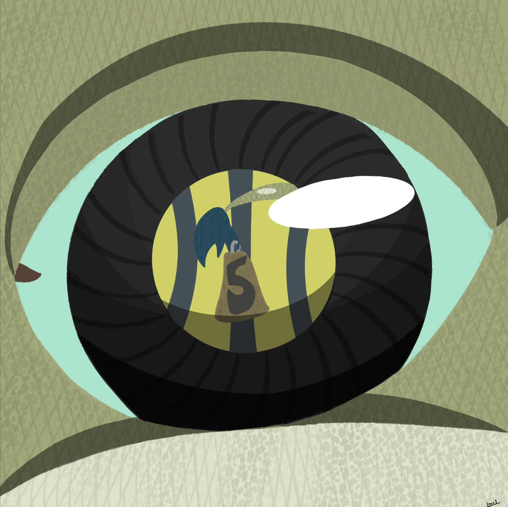 A single image digital drawing of Vee from The Owl House in her basilisk form. The image is a close up of her eye, in which is reflected the end of her tail, which has been tagged with the number “5” on a piece of leather. Bars can also been seen in the reflection, and the proximity of the shot allows one to see Vee’s scales.